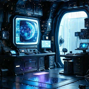 Entertainment Technology In (modern:1.47) Laboratory With Futuristic Room,