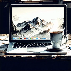 Business Etching: Workplace With Laptop And Coffee On Desk With Laptop Computer