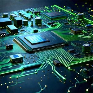 Tech Product Photography: Circuit board with data streams