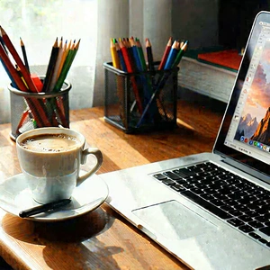 Business Acrylic Painting: Workplace With Laptop And Coffee On Desk With Wooden Desk