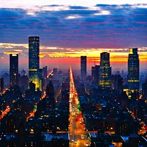 Urban Matte Painting: Cityscape Of Downtown District During Sunrise With Nighttime View