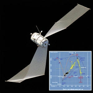 A Spacecraft Is Shown In A Blue Background, With A Large Antenna Attached To It
