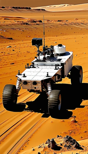 A White Robotic Vehicle With A Camera On Top, Driving Across A Sandy Terrain