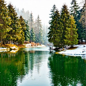 Nature Landscape Photography: Tranquil Pond Surrounded By Snow-covered (trees:1.34) With Serene Scene