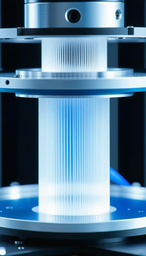 A Large, Blue, And White Light Fixture With A Long, Thin, And Curved Design