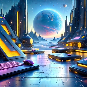Futuristic (digital:1.29) Workspace With Futuristic Scene,
