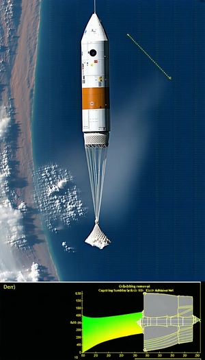 A Large Rocket Ship Floating In The Air, With A Long White Cord Attached To It