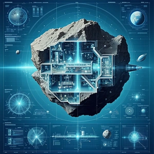 A Futuristic Space Station Is Depicted In A Blue And White Drawing