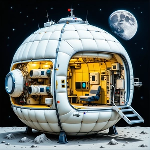The Image Is A Painting Of A Space Station, Which Appears To Be A Large White Sphere