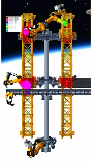In The Image, There Are Two Large Yellow Cranes With Pink Lights On Them