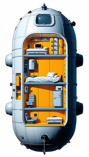 In The Image, There Is A Large, Futuristic Spacecraft With A Bedroom Inside