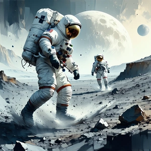 In The Image, There Are Two Astronauts Walking On A Rocky Surface, Possibly On The Moon