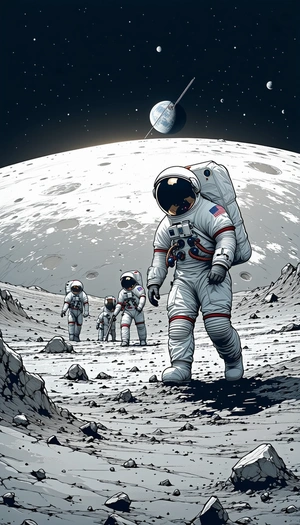 In The Image, There Are Four Astronauts Walking On The Moon