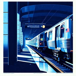 Urban Linocut Print: (city:1.19) Subway In Arts District With Train Traveling
