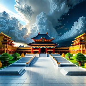 Urban Voxel Art: Cultural Center With Dramatic Clouds With Digital Painting