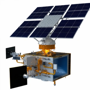 A Large, White, And Orange Spacecraft With A Solar Panel On Its Side
