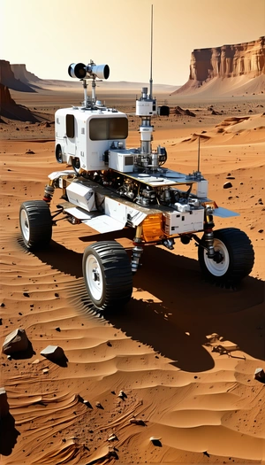 A White And Orange Vehicle Is Driving On A Dirt Road