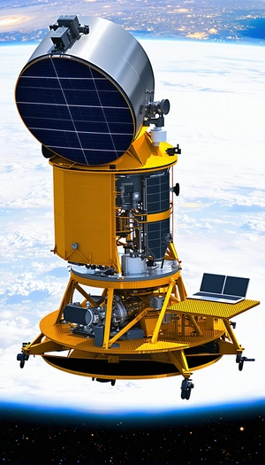 A Yellow Satellite Dish Is Sitting On Top Of A Yellow Platform
