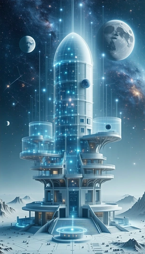 In This Image, There Is A Large, Futuristic Building With A Tall Tower And A Dome-shaped Structure
