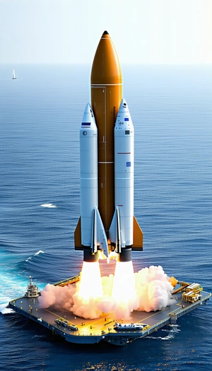 A Large Rocket Ship, Likely A Space Shuttle, Flying Over The Ocean