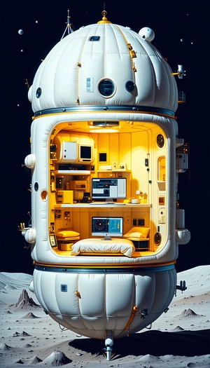 A Large, White, Inflatable Space Station With A Variety Of Electronic Equipment And Furniture