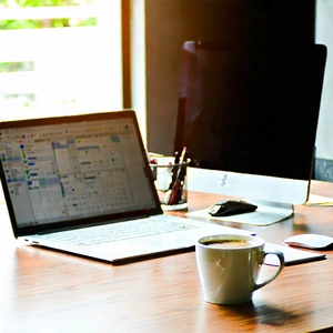 Business Digital Art: Workplace With Laptop And Coffee On Desk With Laptop Computer