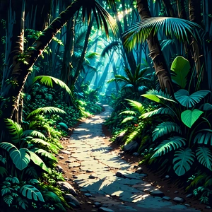 Nature Lithograph: Path Through Tropical Jungle With Lush, Green