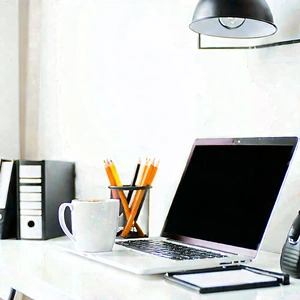 Business Infographic Style: Workplace with laptop and coffee on desk