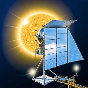 A Large Solar Panel With A Sun In The Background