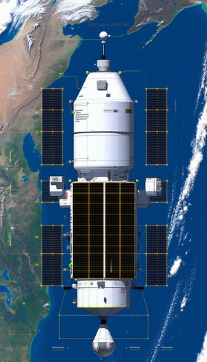 A Large Spacecraft Is Floating In The Sky, With A Large Solar Panel On Its Side