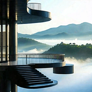 Urban Technical Illustration: Observation Deck With Morning (mist:1.29) With Large Building