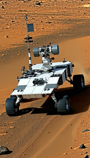 A White Robotic Vehicle With A Large Antenna On Top, Driving On A Dirt Road