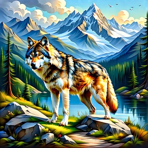 Nature Acrylic Painting: Wolf In Mountain Terrain With Large Wolf