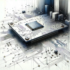 Tech Pencil Sketch: Circuit board with data streams