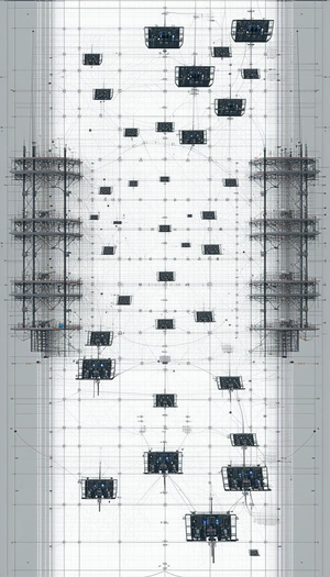 A Large, White, And Black Drawing Of A Building Is Displayed On A Wall