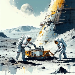 In The Image, There Are Two Astronauts Standing On The Moon, Working On A Space Station