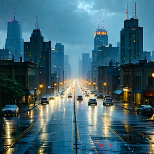 Urban Architectural Photography: Cityscape Of Downtown District During Rainy Evening With Busy City