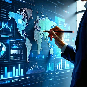 Business Ink Drawing: Finance professional using digital whiteboard