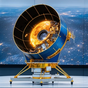 A Large, Yellow And Blue Satellite Dish On Display