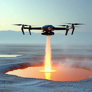 A Drone Flying Over A Lake, With A Trail Of Smoke Coming From Its Back