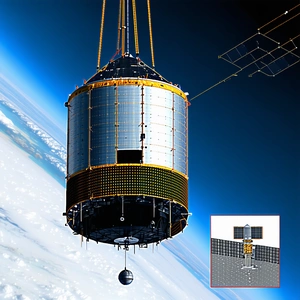 A Large Satellite Is Being Lifted Into The Sky By A Crane