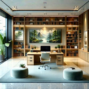 Lifestyle Aerial Photography: Home Office With Organized Space With Large Office
