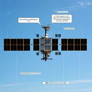 The Image Is A Diagram Of A Satellite, Showing Its Various Components And Their Functions