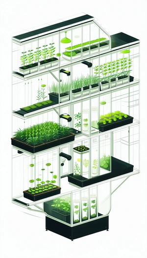 The Image Is A Detailed Drawing Of A Multi-level Greenhouse Filled With Various Plants