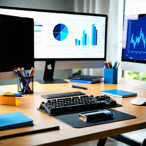 Business Matte Painting: Workplace with productivity tools on desk