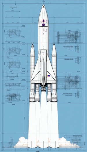A Space Shuttle Is Shown In A Blue Drawing, With Its Booster Rockets Attached