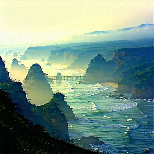 Nature Etching: Mist Over Coastline With Beautiful Coastal