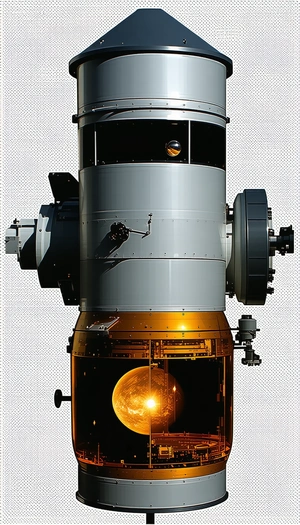 A Spacecraft Is Shown In A Close-up View, With A Bright Yellow Sun In The Center Of The Image