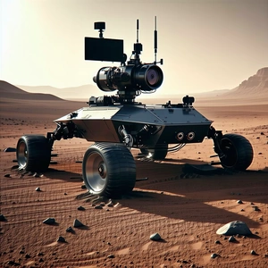 A Robotic Vehicle, Possibly A Rover, Sitting On A Rocky Surface