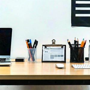 Business Landscape Photography: Workplace With (modern:1.44) Office Supplies On Desk With Wooden Desk